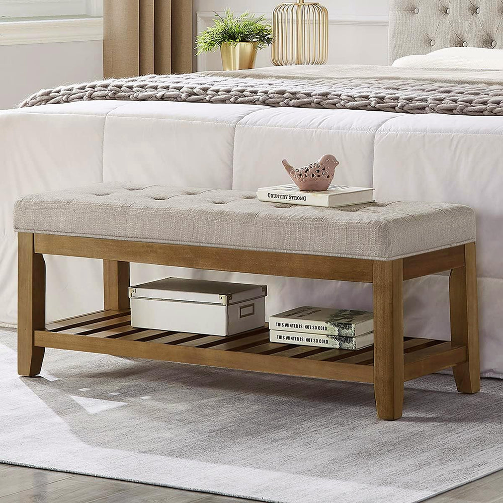 24KF Large Rectangular Upholstered Tufted Linen Fabric Ottoman Bench, Padded ...