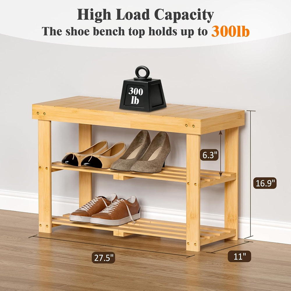 BAMBUROBA Bamboo Shoe Rack Bench, 3-Tier Entryway Bench, Small Shoes Storage ...