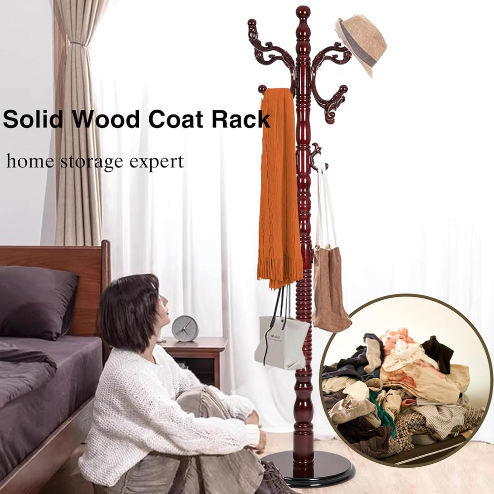 Wooden Coat Rack Freestanding, Hall Tree Hanger With Resin Hooks, Adjustable ...
