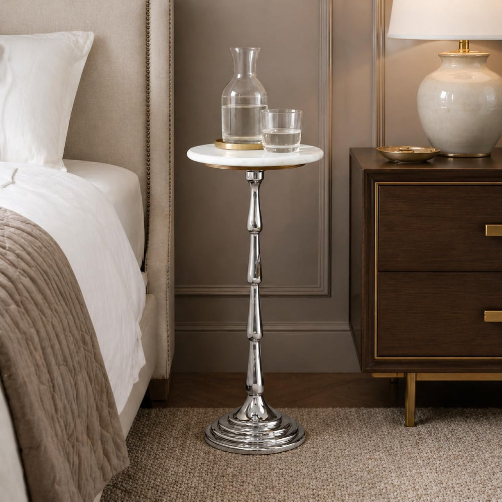 Silver Drink Table with White Marble Top | Decorative Modern End Table | Alum...