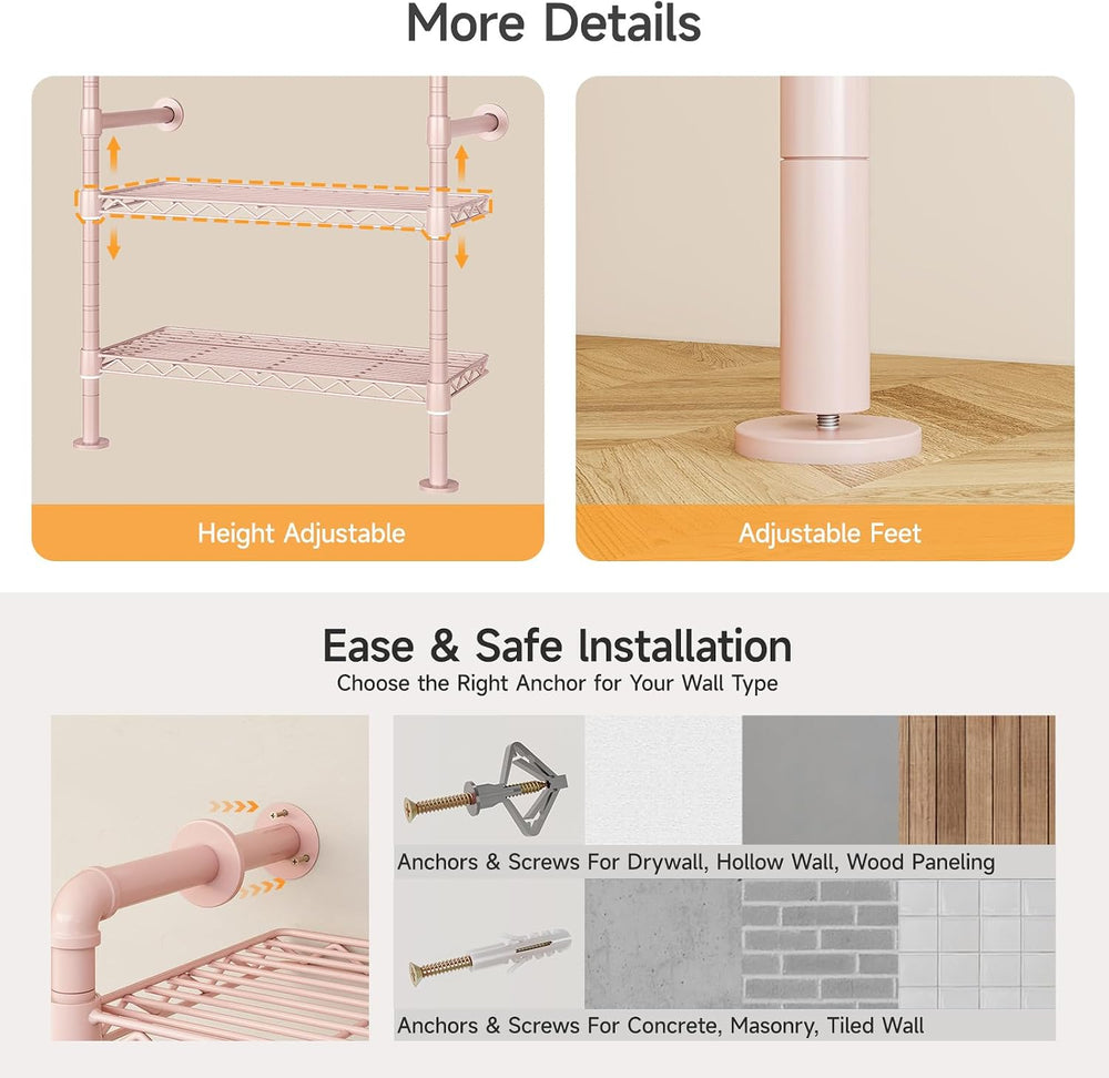 L2 Wall Mounted Closet System, Industrial Pipe Clothing Rack, Pink | Metal Cl...
