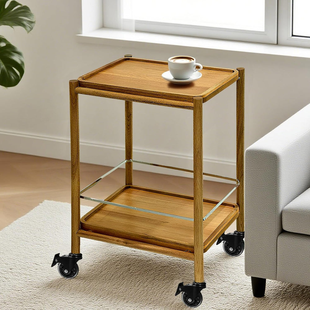 Acacia Wood Rolling Side Table, 2-Tier with Lockable Wheels & Removable T...