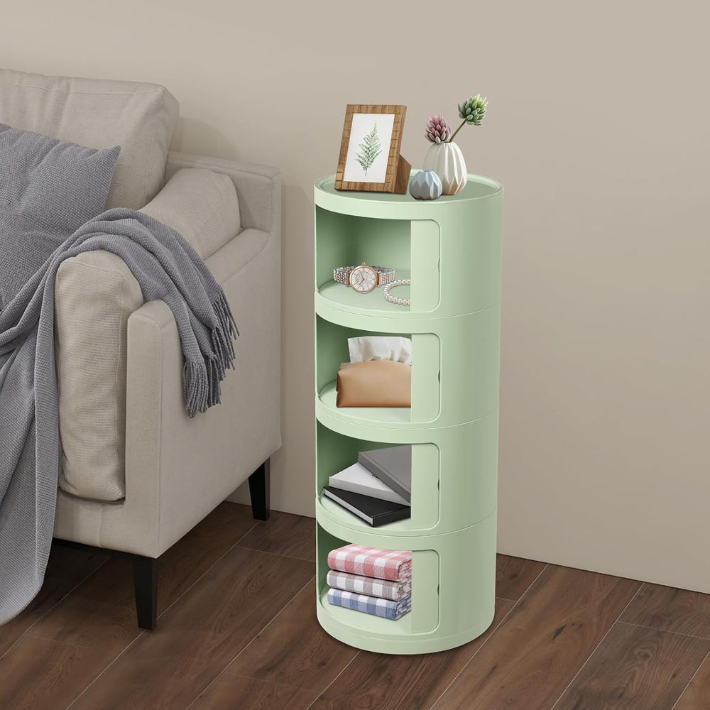 Round Nightstand, 4 Tier Circular Side Table with Sliding Doors, Modern Cylin...