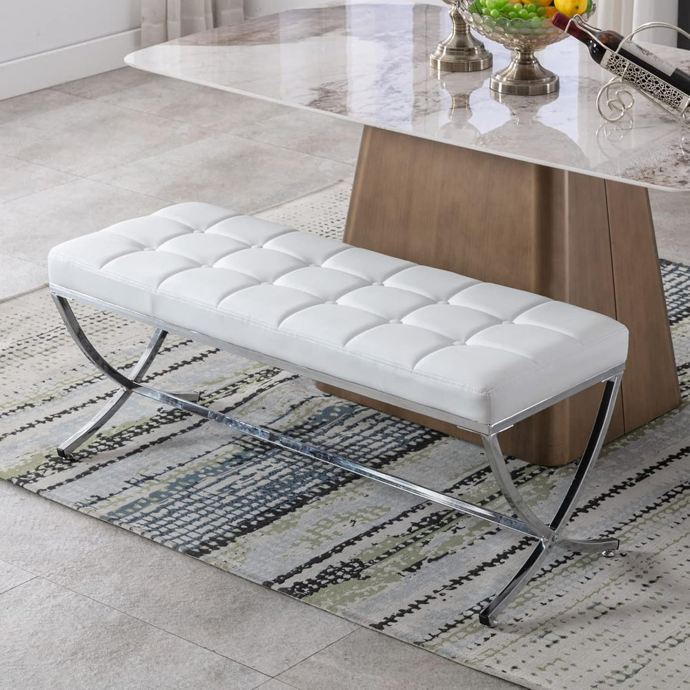 LukeAlon Modern PU Leather Dining Bench, White | Button Tufted Ottoman Bench,...