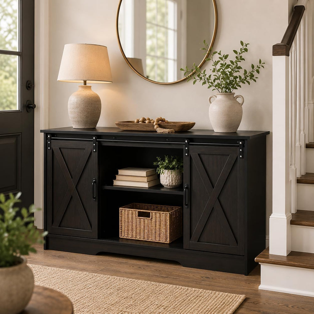 Farmhouse Coffee Bar Cabinet with Sliding Doors & Adjustable Shelves