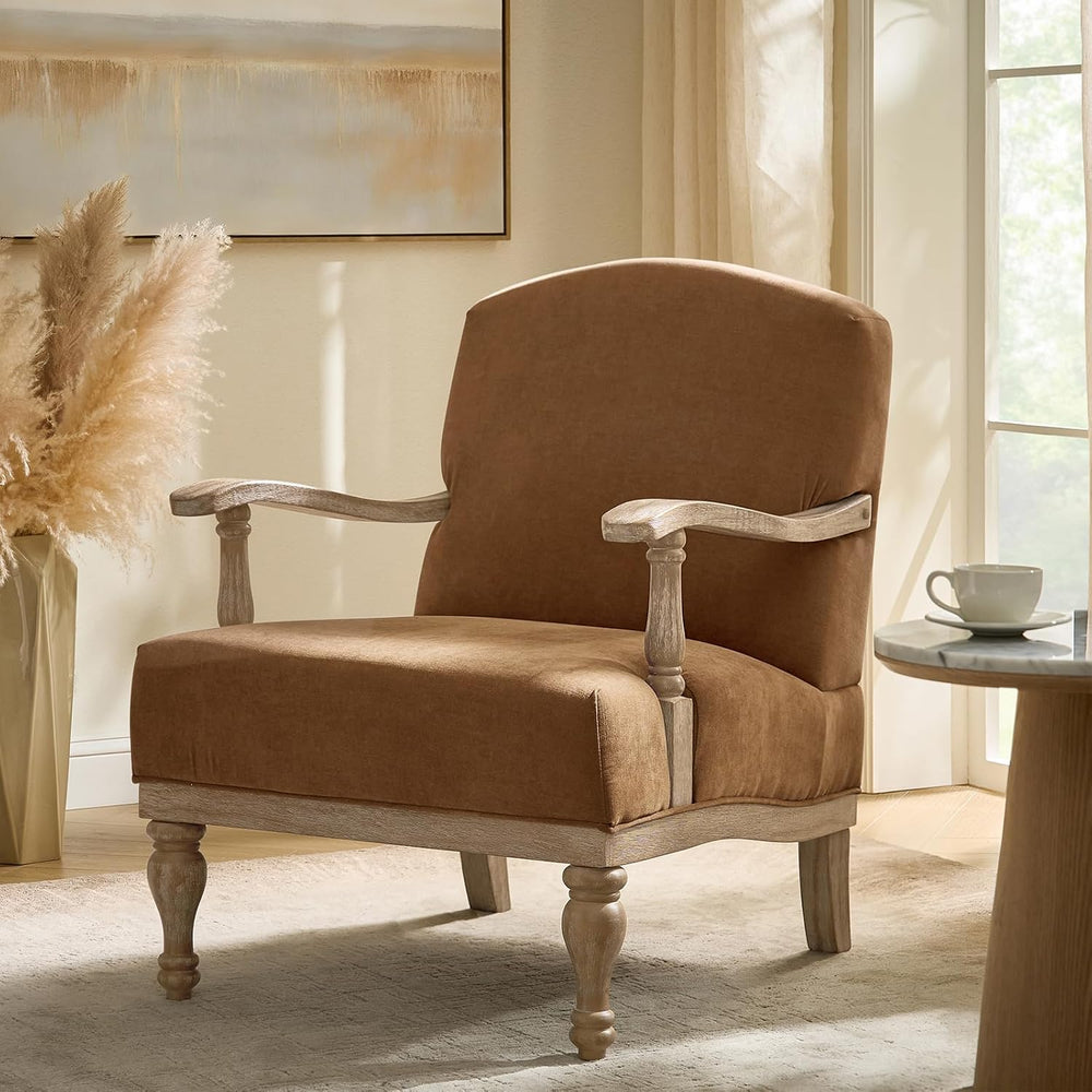 HULALA HOME Farmhouse Accent Chair with Solid Wood Frame, Caramel