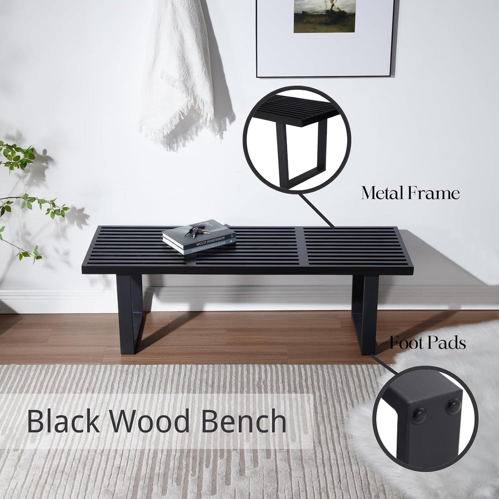 55" Black Wood Entryway Bench, Industrial End of Bed Bench for Bedroom, ...