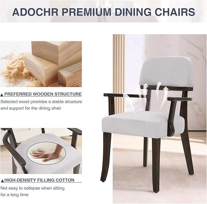 Modern Wood Dining Chairs with Arms, Velvet Upholstered Kitchen Chairs with B...