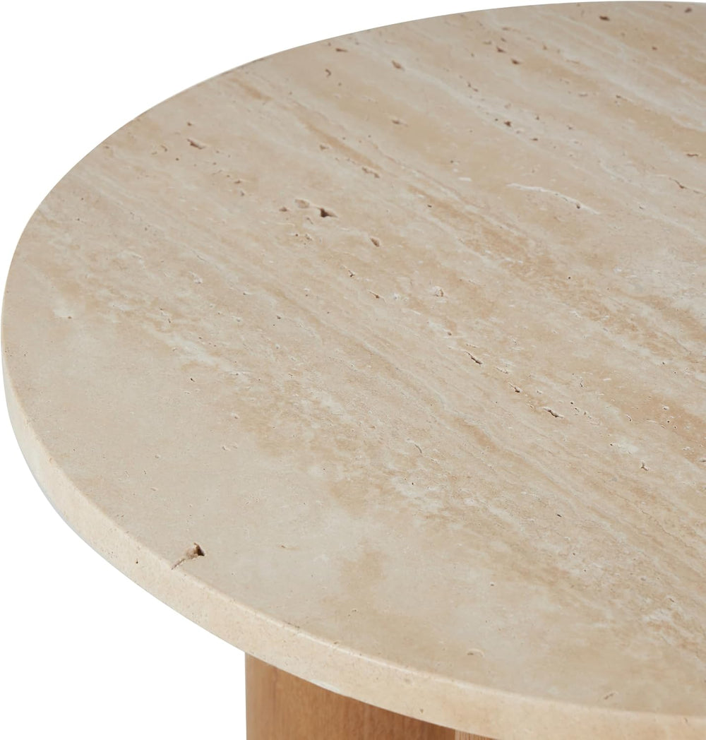Deco 79 Wood Side End Accent Table End Table with Beige Round Marble Tabletop...