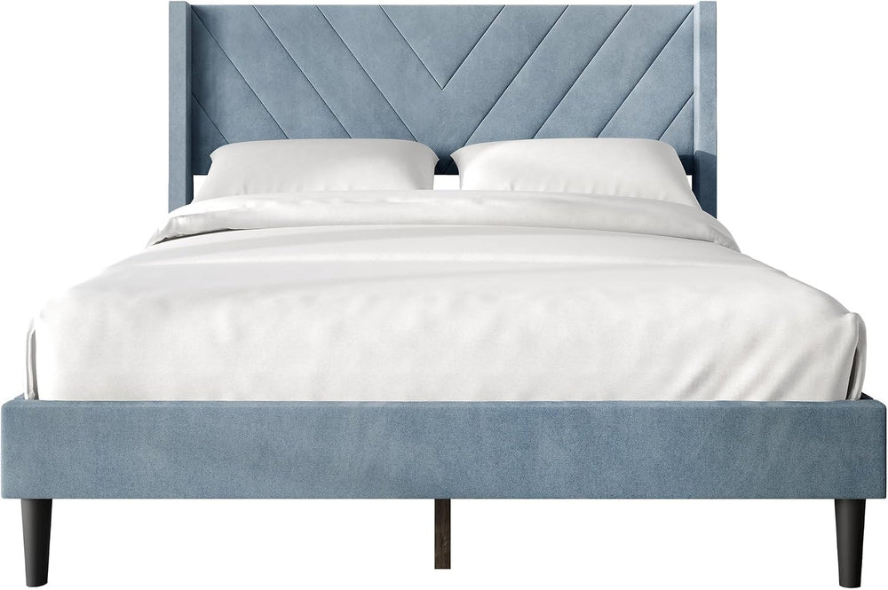 Queen Platform Bed Frame with Chevron-Stitched Wingback Headboard, Velvet Uph...