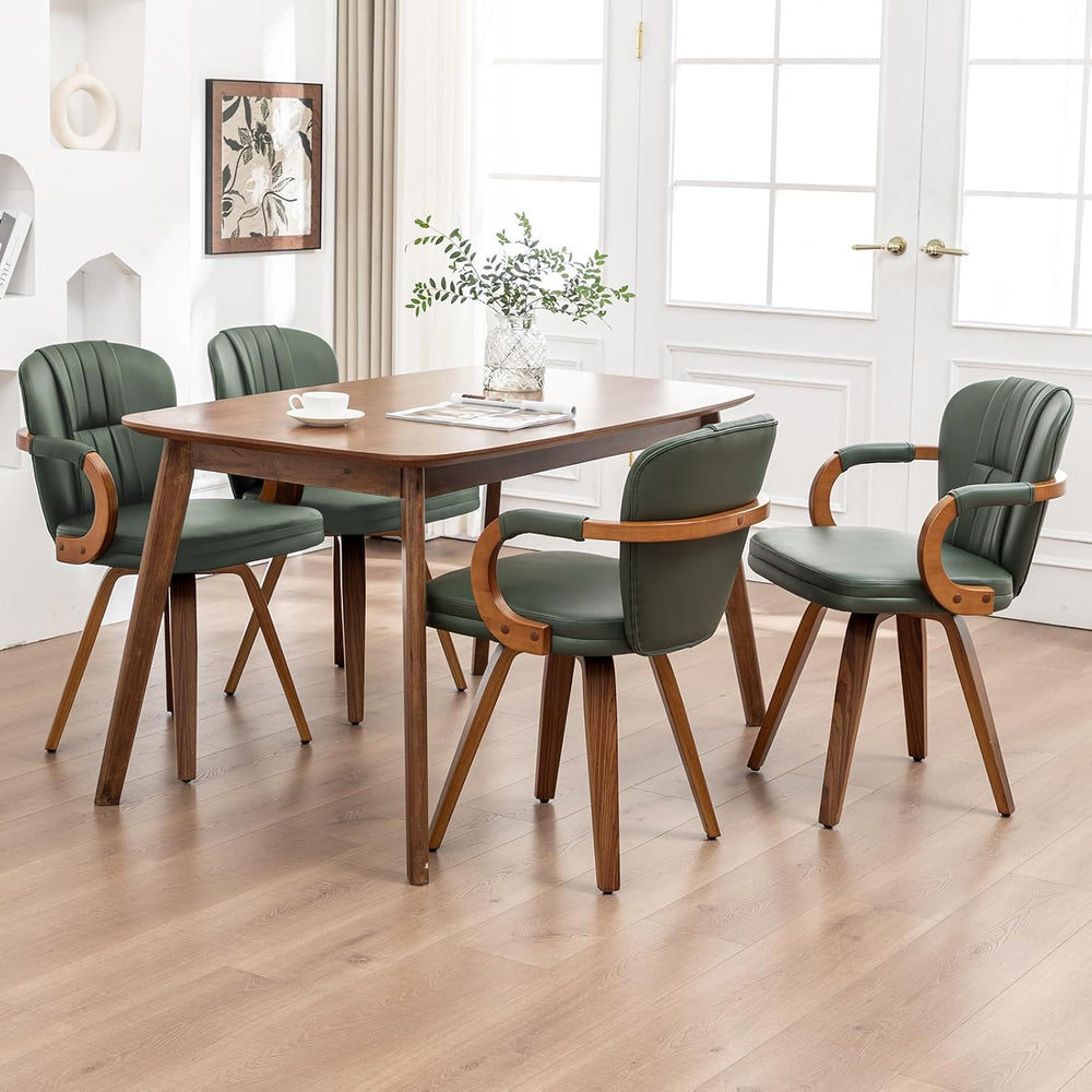 Swivel Dining Chairs Set of 4 Mid Century Modern Green Faux Leather Upholster...