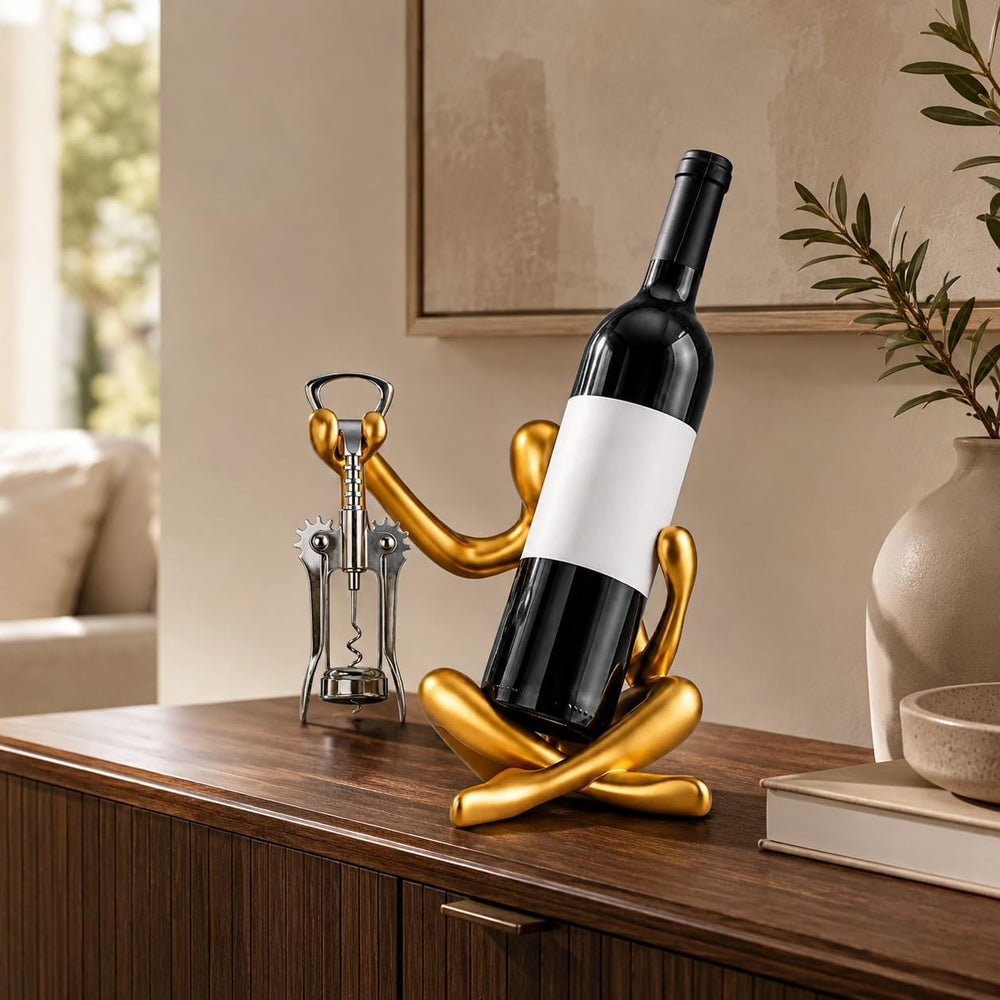 Small Single Countertop Wine Rack, Wine Bottle Holder Decor | Gold Abstract A...