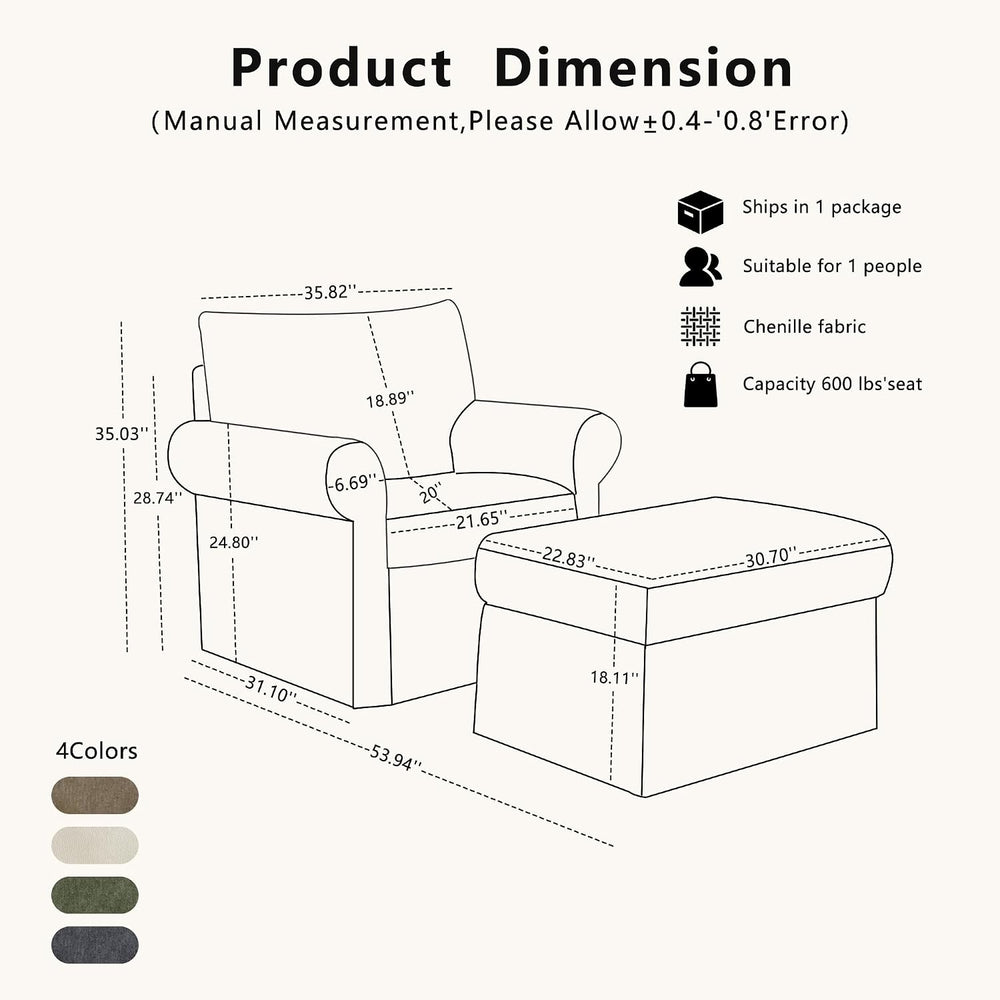 35.82" Oversized Accent Chair with Ottoman, Chenille Armchair, Gray | Ac...