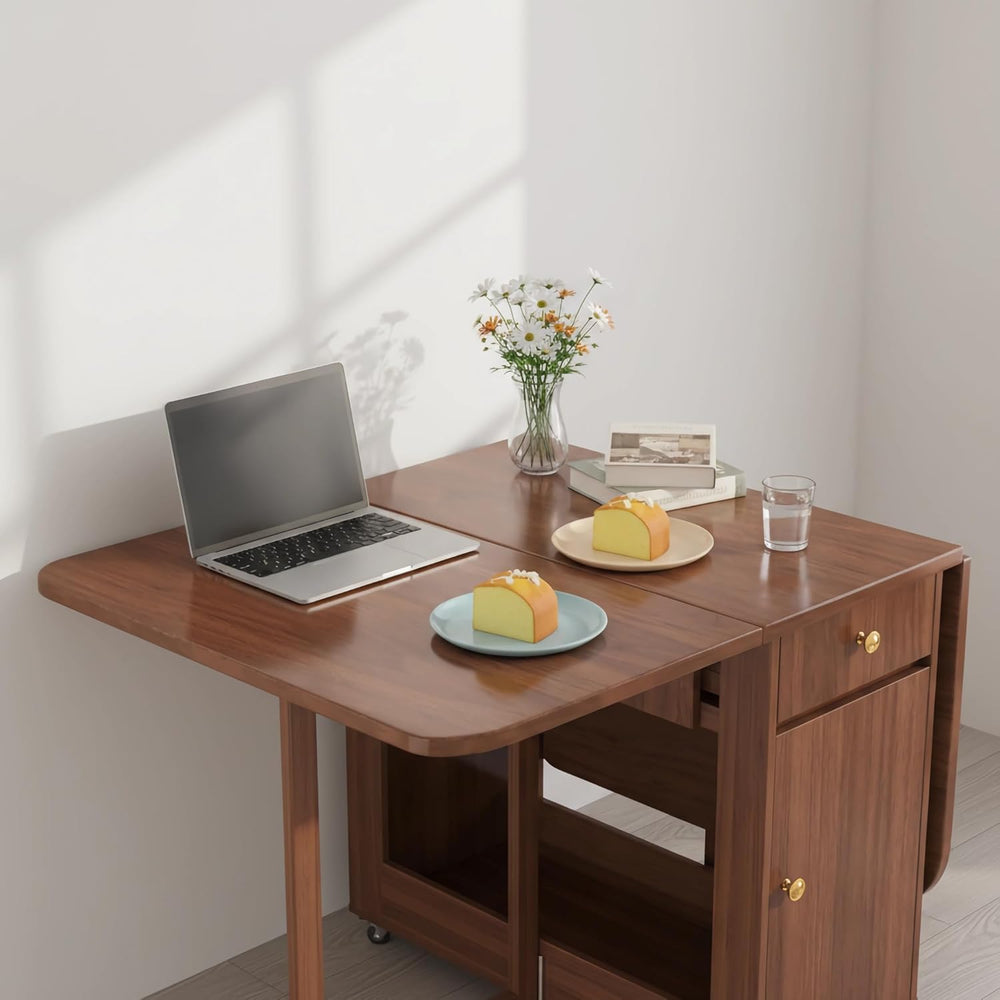 Extendable Drop Leaf Folding Dining Table with 2 Hidden Storage Drawers and 4...