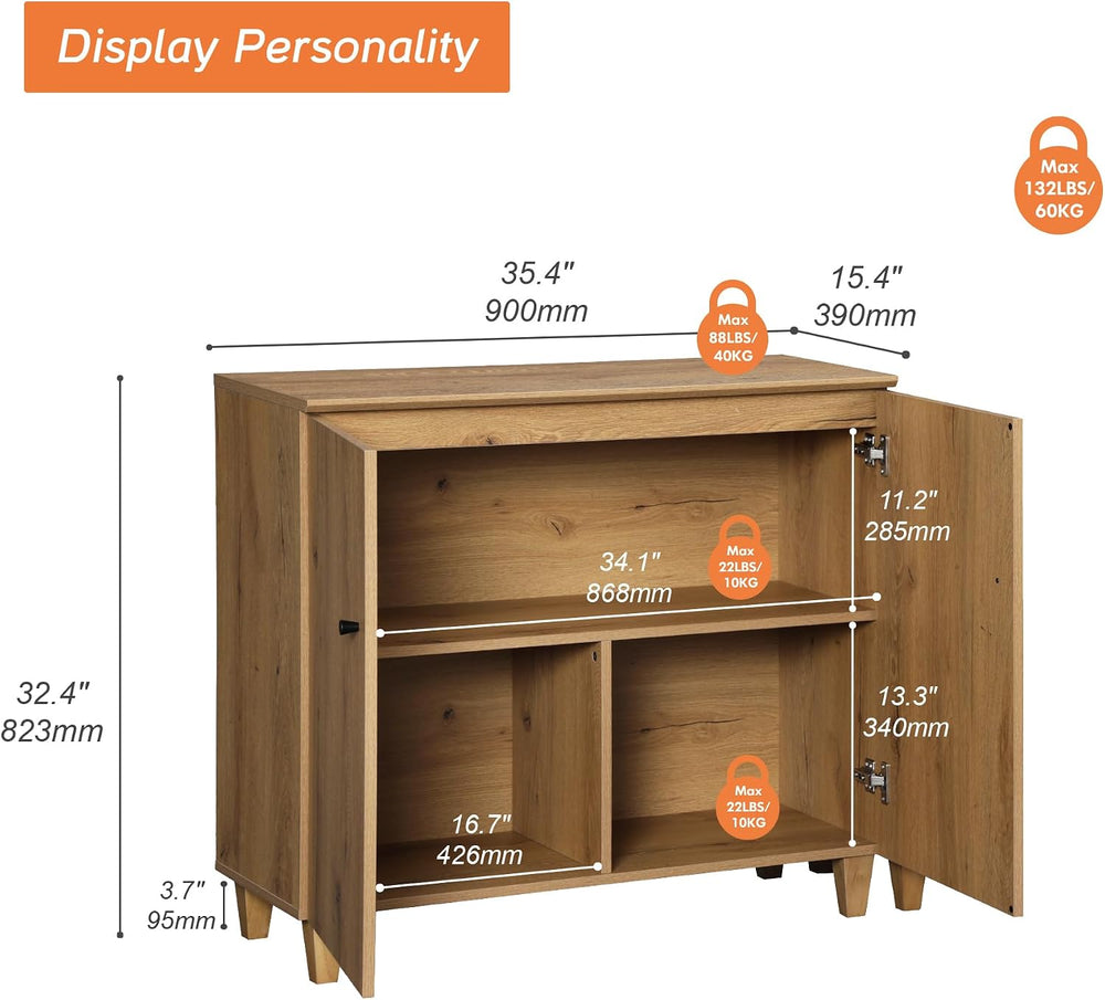 WAMPAT 35.4" Buffet Cabinet w/ 2 Doors, Credenza Storage Cabinet, Oak Brown