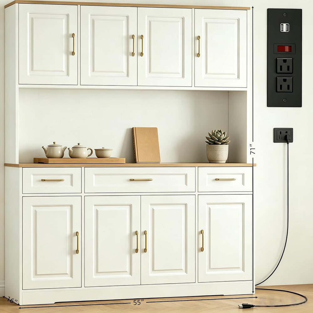 71" Tall Farmhouse Kitchen Pantry Cabinet, 55" Wide Storage Hutch w...