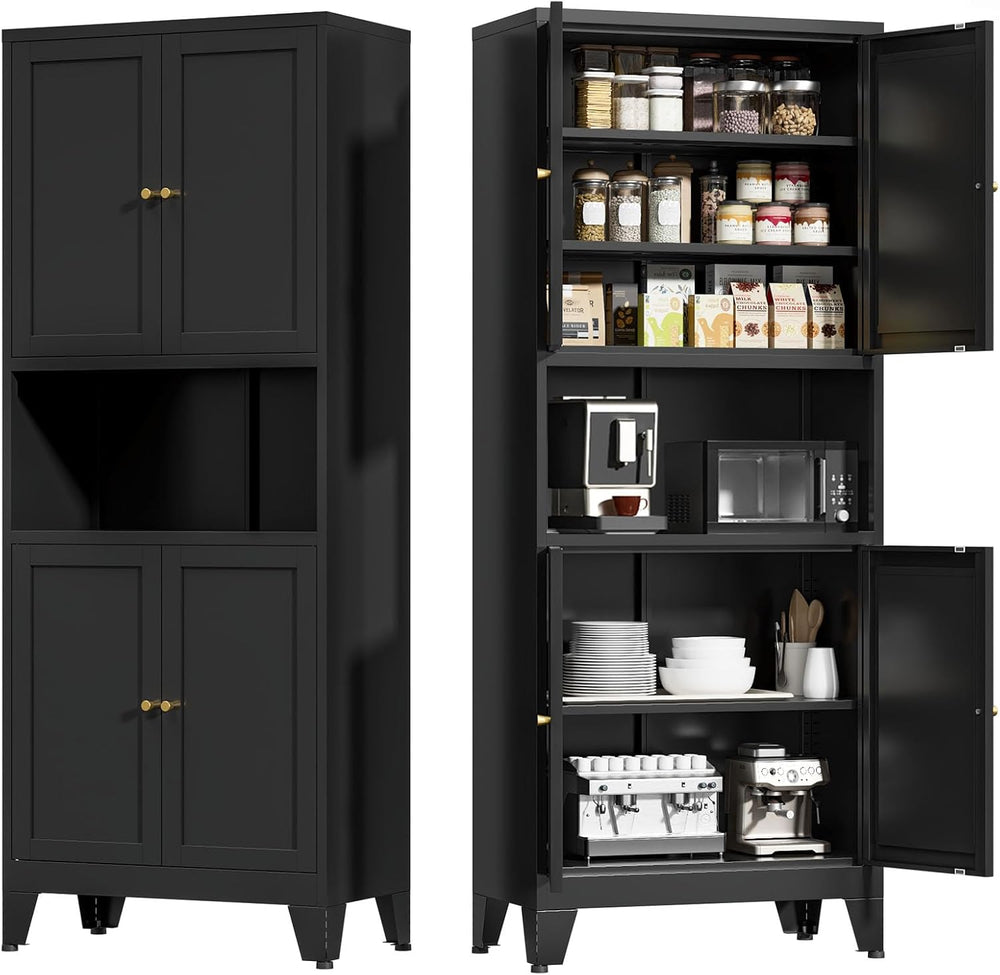 Metal Kitchen Pantry Cabinet, 69" Tall Black Storage Cabinet with 4 Door...