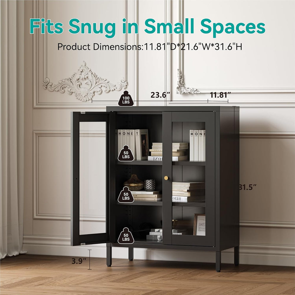 Small Metal Cabinet with Glass Doors,Display Storage Cabinet with 2 Adjustabl...