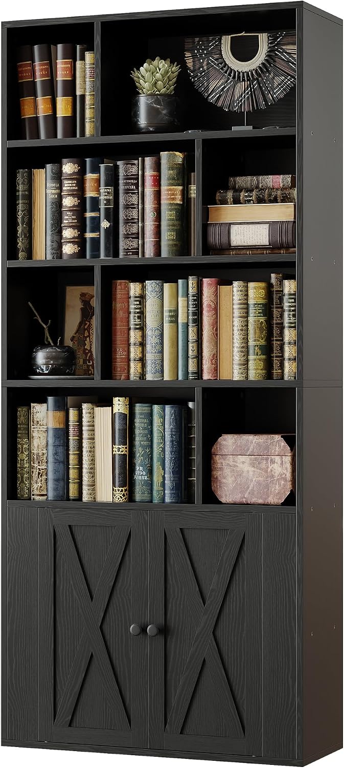 IRONCK 4-Tier Bookcase with Doors, Tall Storage Bookshelf, Black