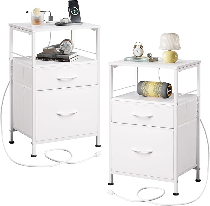 WLIVE Night Stand Set 2, White Nightstand with Charging Station, Nightstands ...