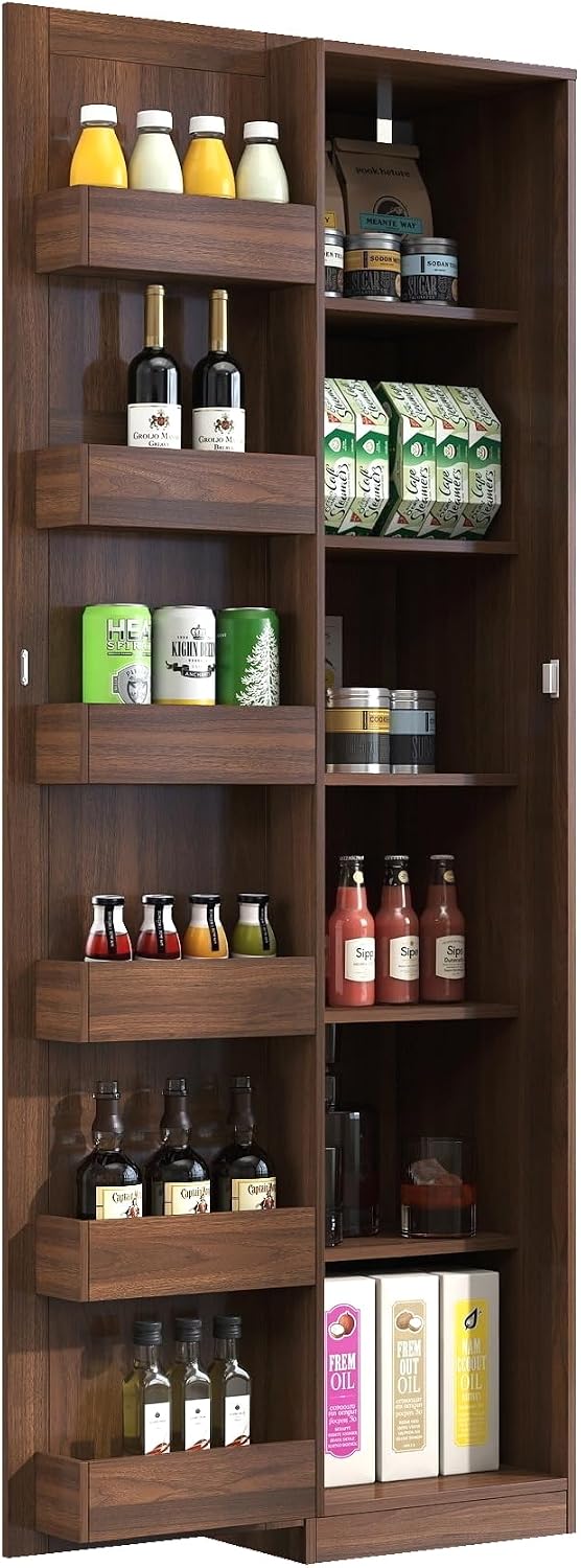 Walnut Freestanding Kitchen Pantry Cabinet with Doors & Shelves, Sideboar...