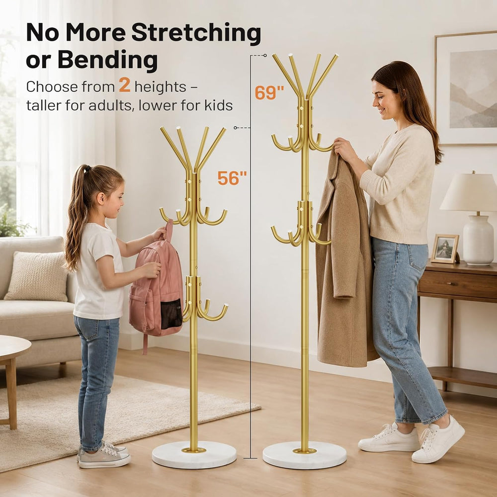 Gold Coat Rack Freestanding 12 Hooks Coat Hanger Stand Heavy Duty Coat Tree