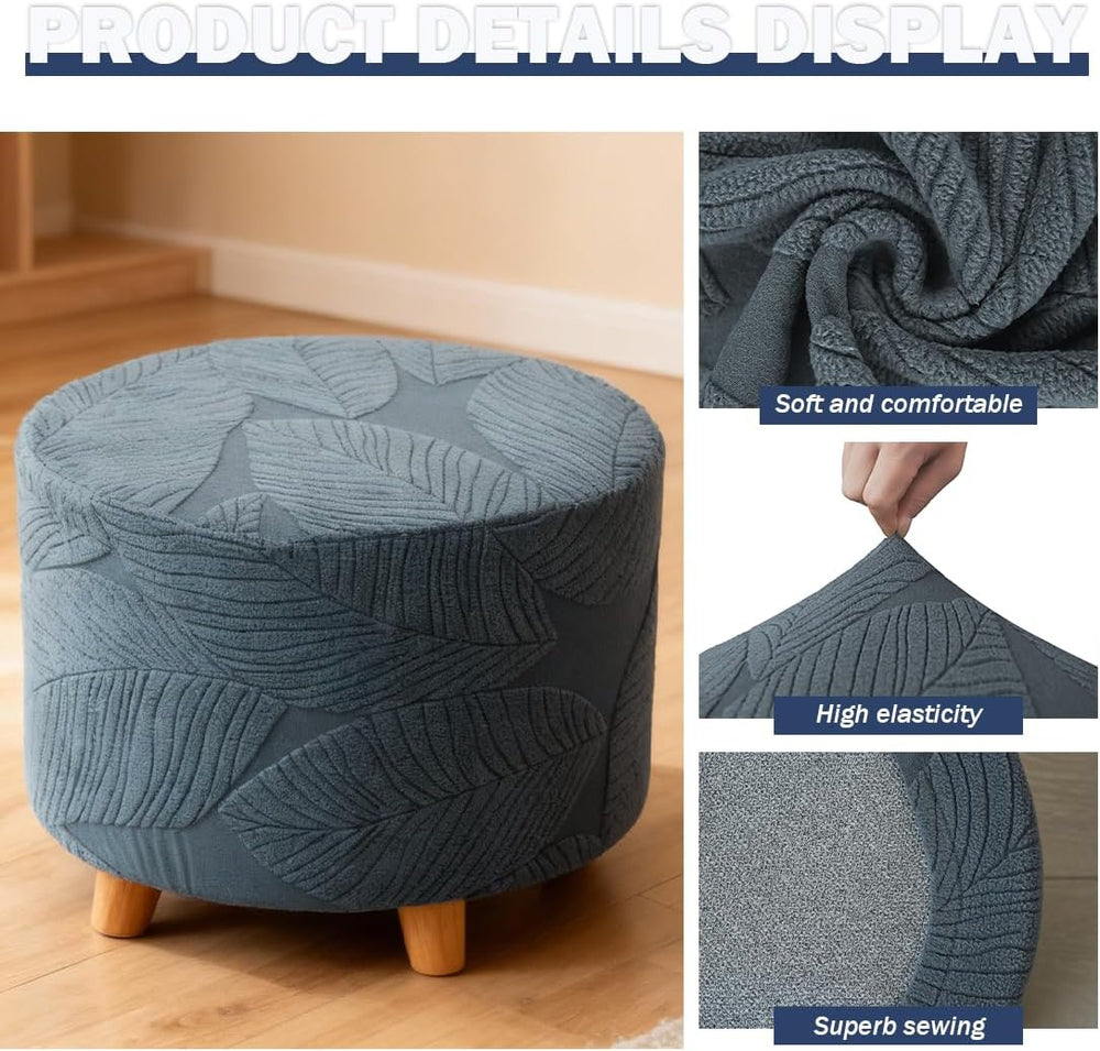 Round Ottoman Cover Stretch Round Ottoman Storage Slipcover Leaves Jacquard F...