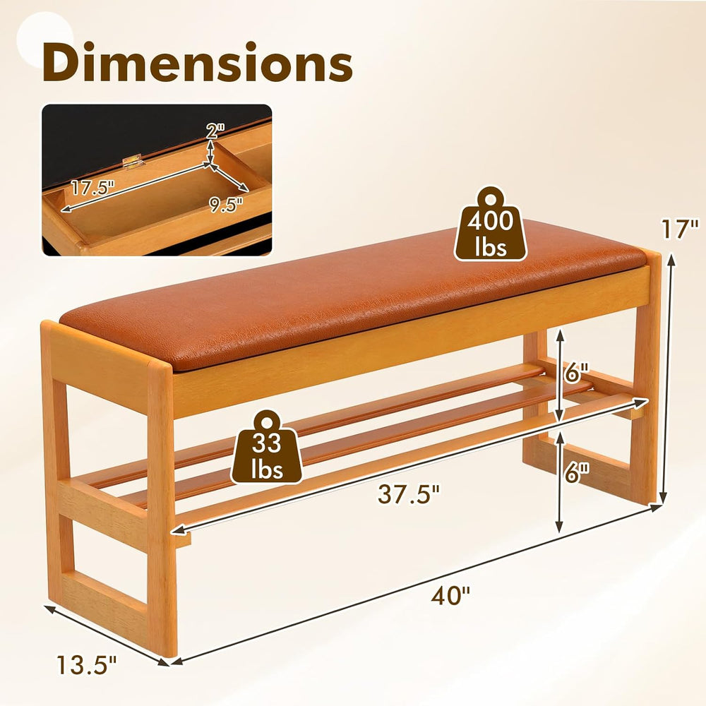 Giantex Shoe Rack Bench with Storage, Rubberwood Entryway Bench with Faux Lea...