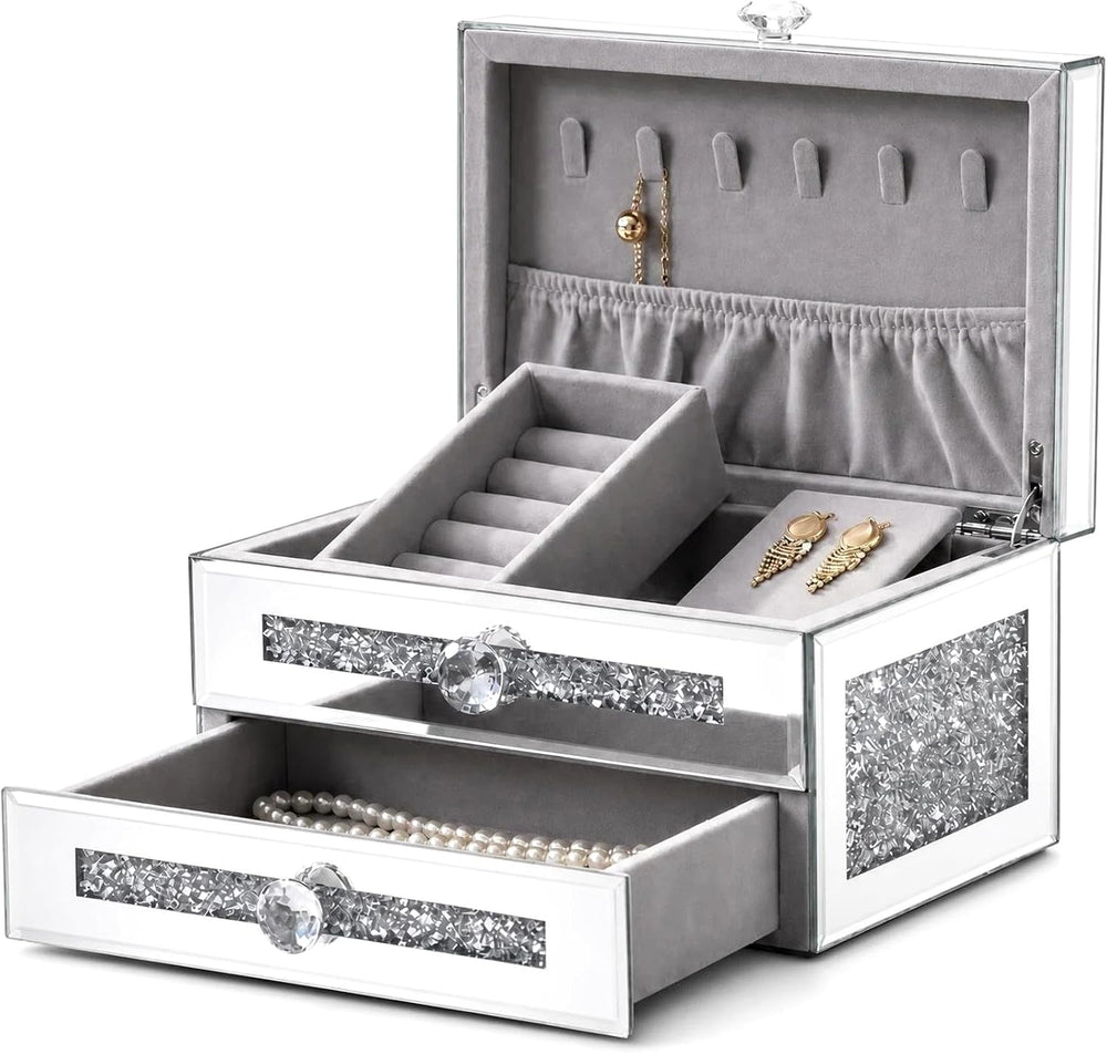 Mirrored Jewelry Box for Women,2-Layer Glass Jewelry Organizer with Lid &...