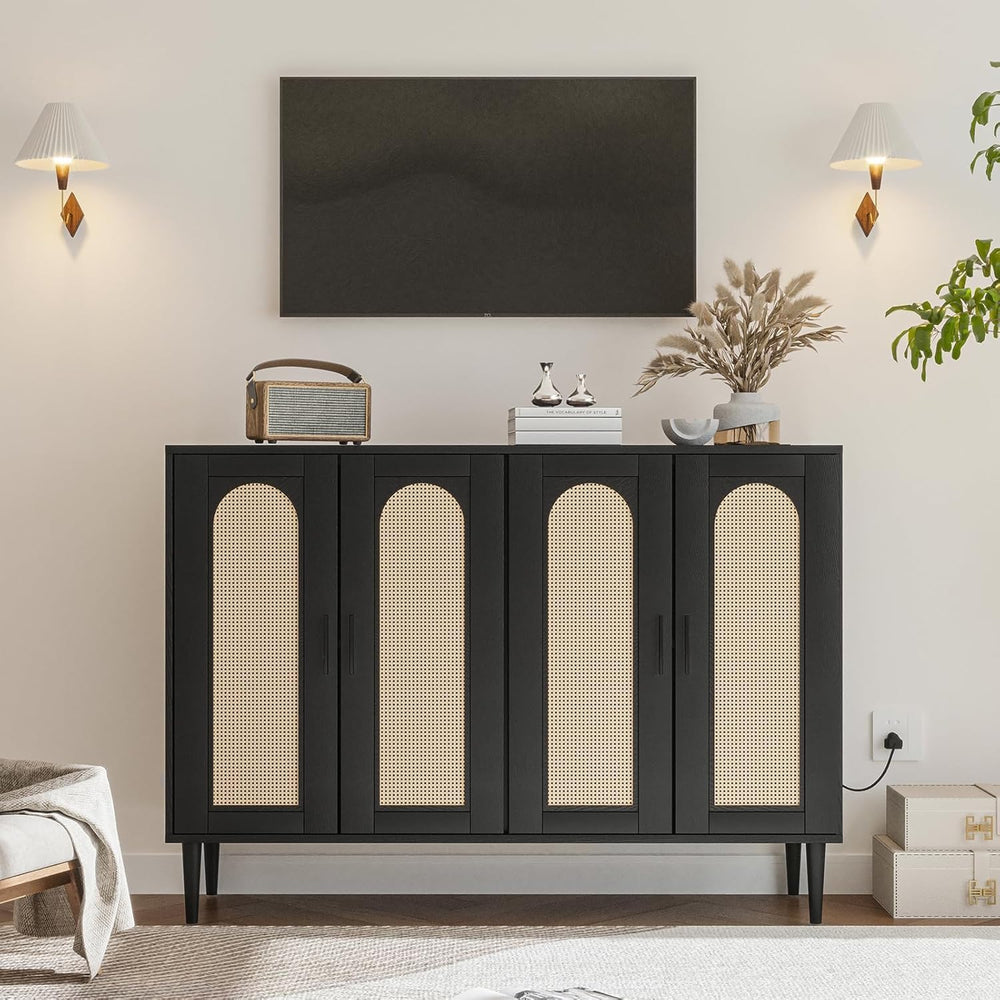 Patikuin Rattan Sideboard Buffet Cabinet, Boho Accent Storage Cabinet, 4 Door...
