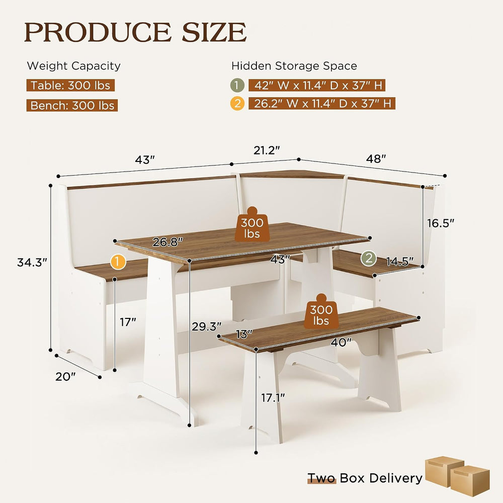 LUXOAK 3-Piece Corner Dining Set with Hidden Storage, White & Barnwood