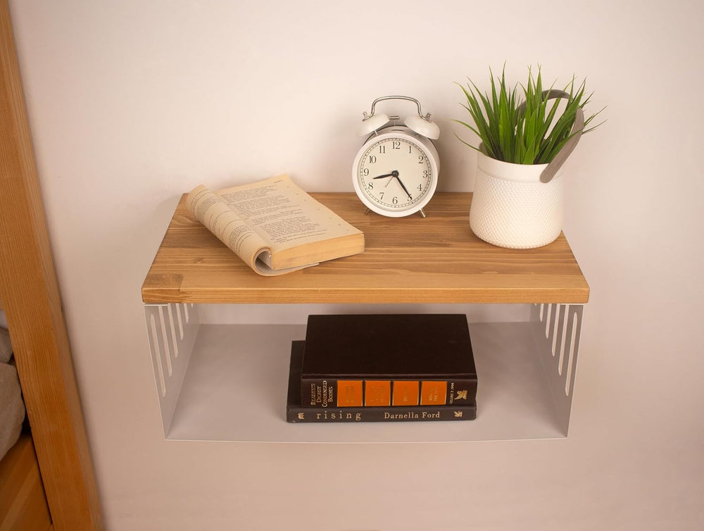 Floating Nightstand with White Metal Base, Wooden Top and Sturdy Metal Base, ...