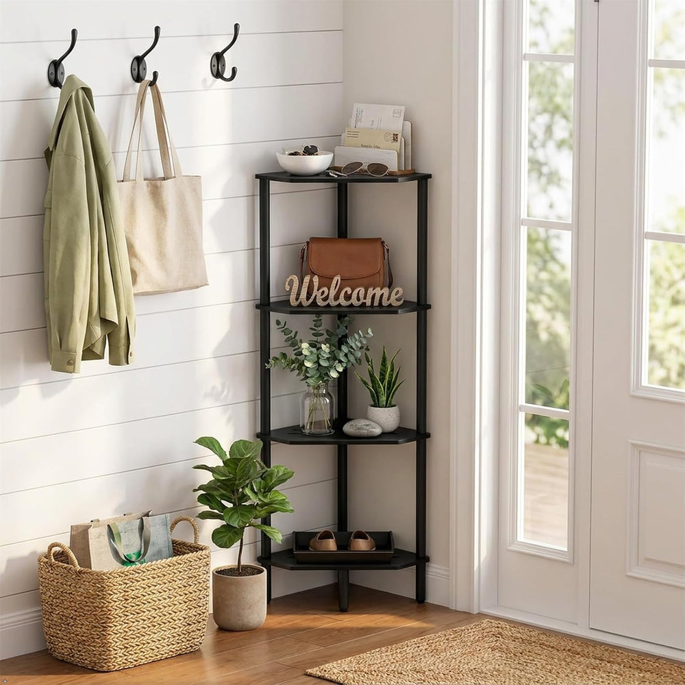 Corner Shelf Stand, 4 Tier Corner Bookshelf, Bamboo Storage Standing Shelf Un...