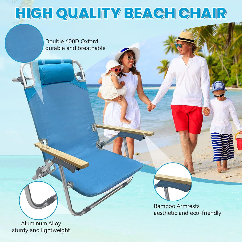 2 Pack Low Backpack Beach Chair with Folding Bamboo Table for Adults, 5-Posit...