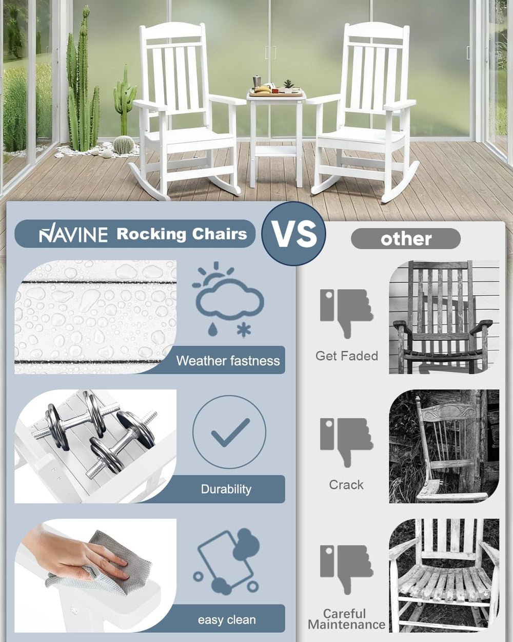 NAVINE 3-Piece Outdoor Rocking Chair Set, Oversized Porch Rocking Chair Set o...