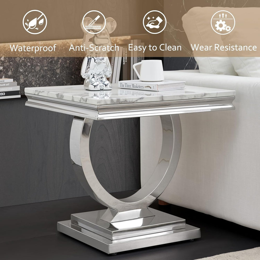 White Faux Marble End Table,Modern Sofa Side Tables with Silver Mirrored Stai...