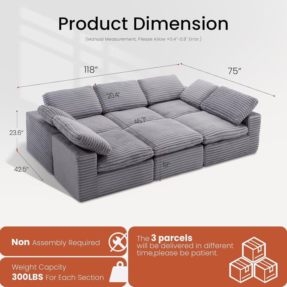KKL 118" Modular Sectional Large Sofa Bed, Cloud Sectional Couch with Ot...