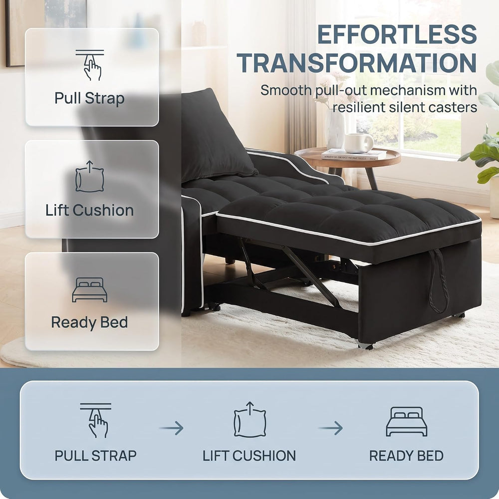 Single Sleeper Chair with USB Port, 3 In1 Pull Out Sofa Bed, Black