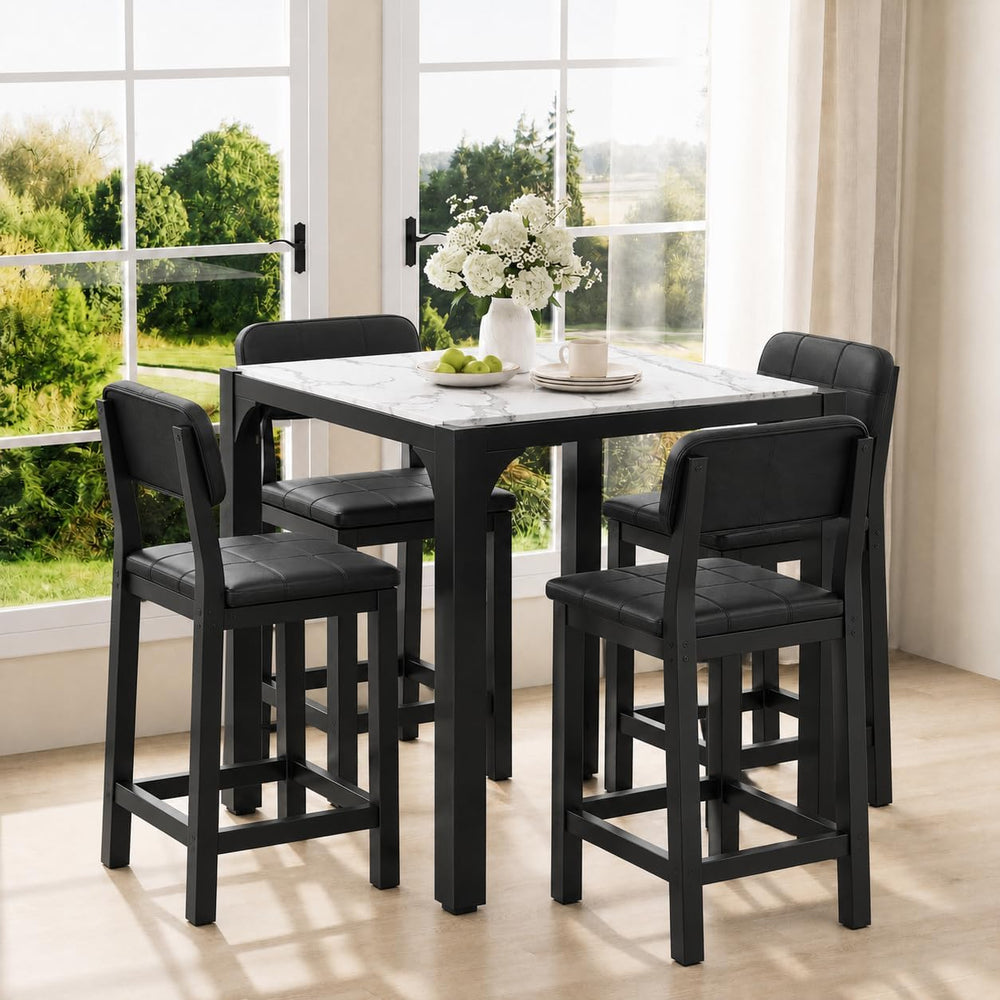 5-Piece Counter Height Dining Table Set for 4, Marble-Look, Black