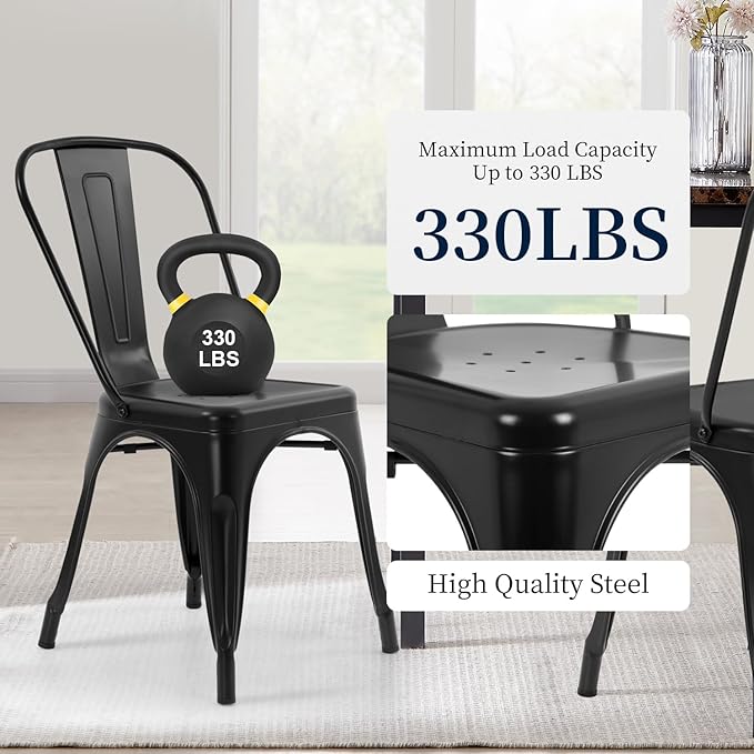 FDW | Metal Dining Chairs | Set of 4 | Black | Stackable Tolix Side Chairs wi...