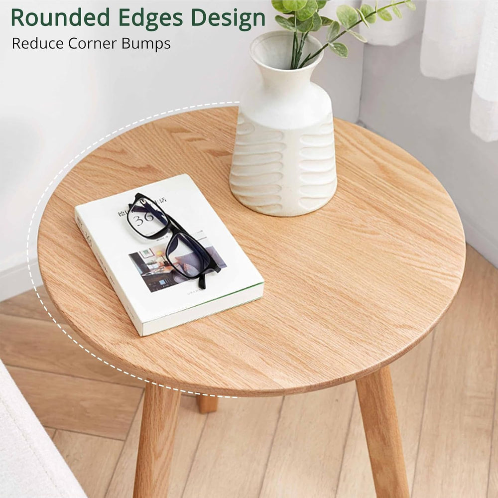 Solid Beech Oak Wood Side Table - Compact End Table with Detachable Cloth Poc...