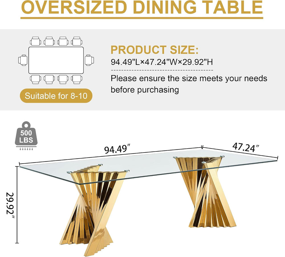 94" Modern Glass Gold Dining Table for 8-10, Luxury Kitchen Table with T...