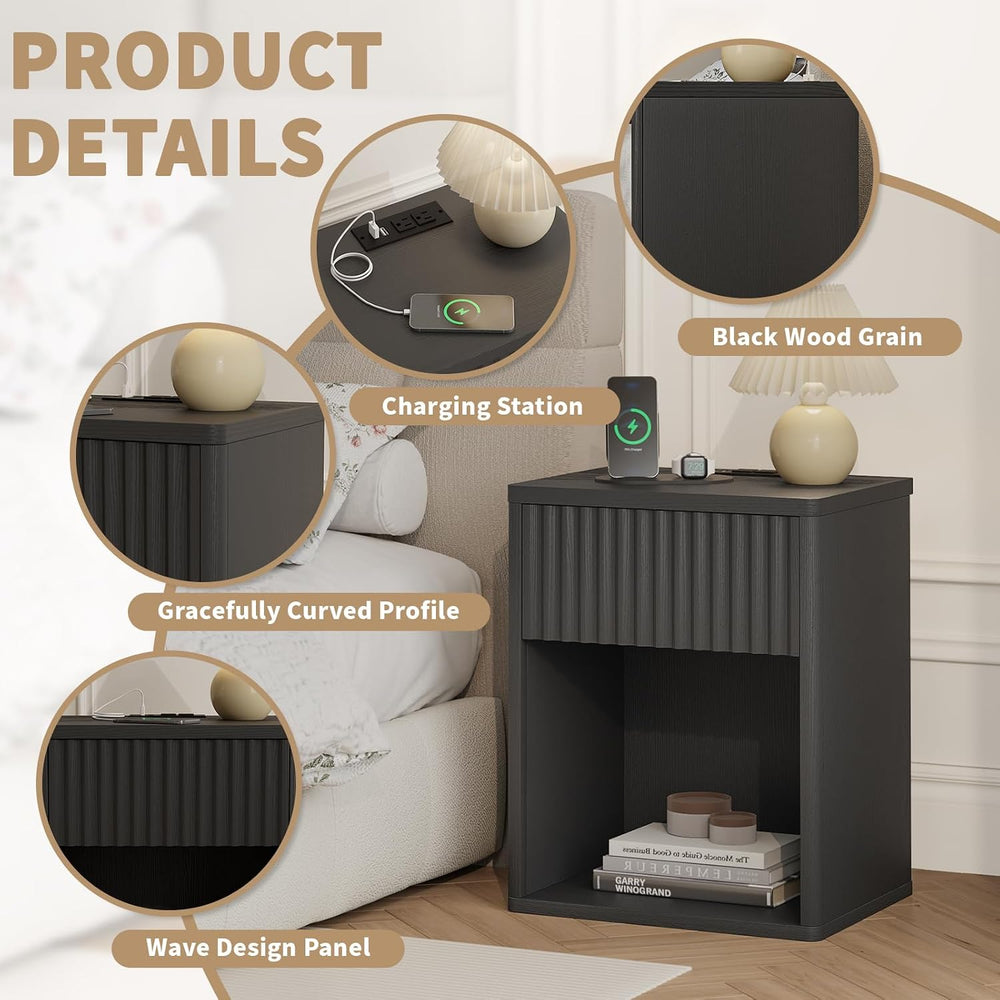 Fluted Black Nightstands Set of 2 w/Charging Station, Wooden End Table Bed Si...