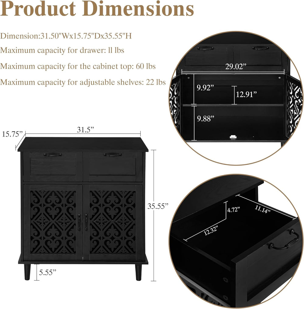 Sideboard Cabinet with 2 Doors & 2 Drawers - Adjustable Storage Console T...