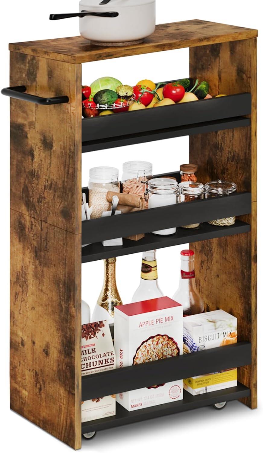 TEAMIX Slim Rolling Storage Cart, Wood 4-Tier Narrow Kitchen/Laundry Cart