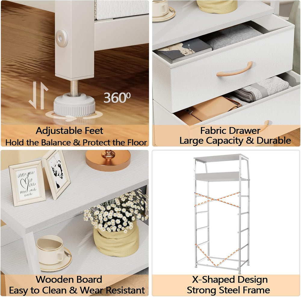Furnulem White Tall Dresser for Bedroom, 5 Fabric Bins Tall Nightstand | Dorm...