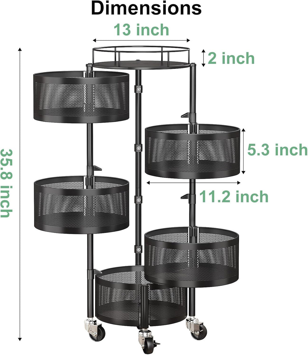 SAYZH 5 Tier Fruit Vegetable Basket Stand for Kitchen, Rotating, Black | Roll...
