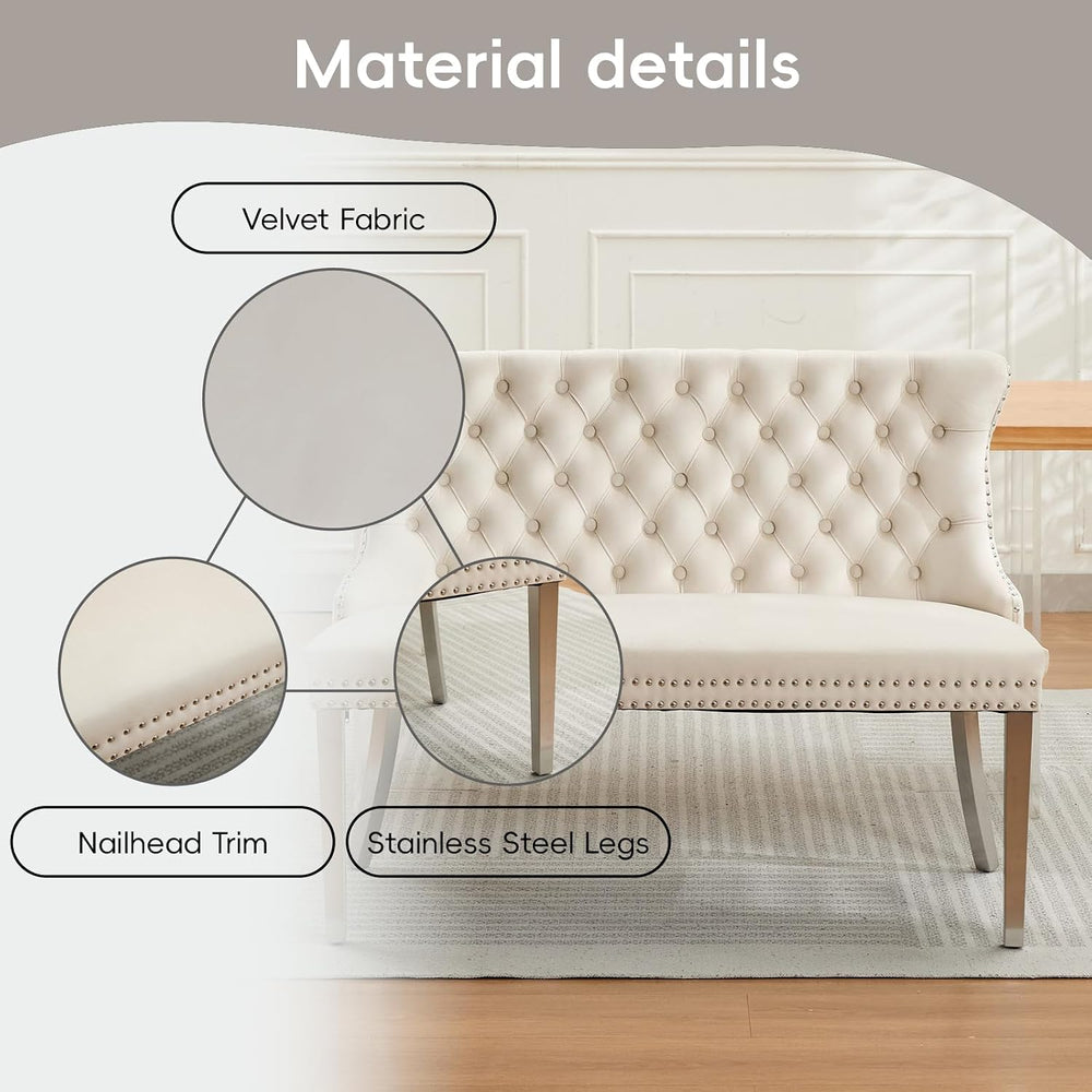 Beige Velvet Dining Bench, Tufted Upholstered Dining Loveseat | Wing Back Sea...