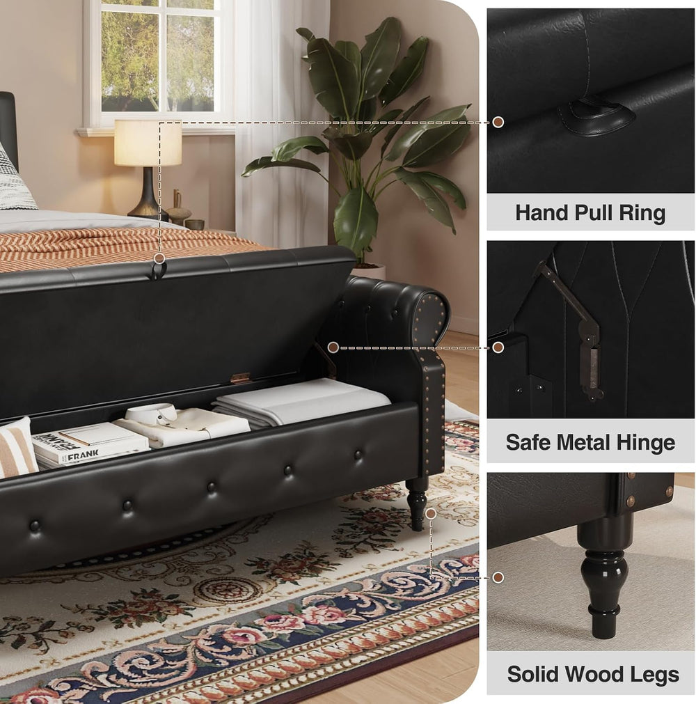 FiveWillowise 65" End of Bed Bench with Storage Ottoman,Black | Faux Lea...