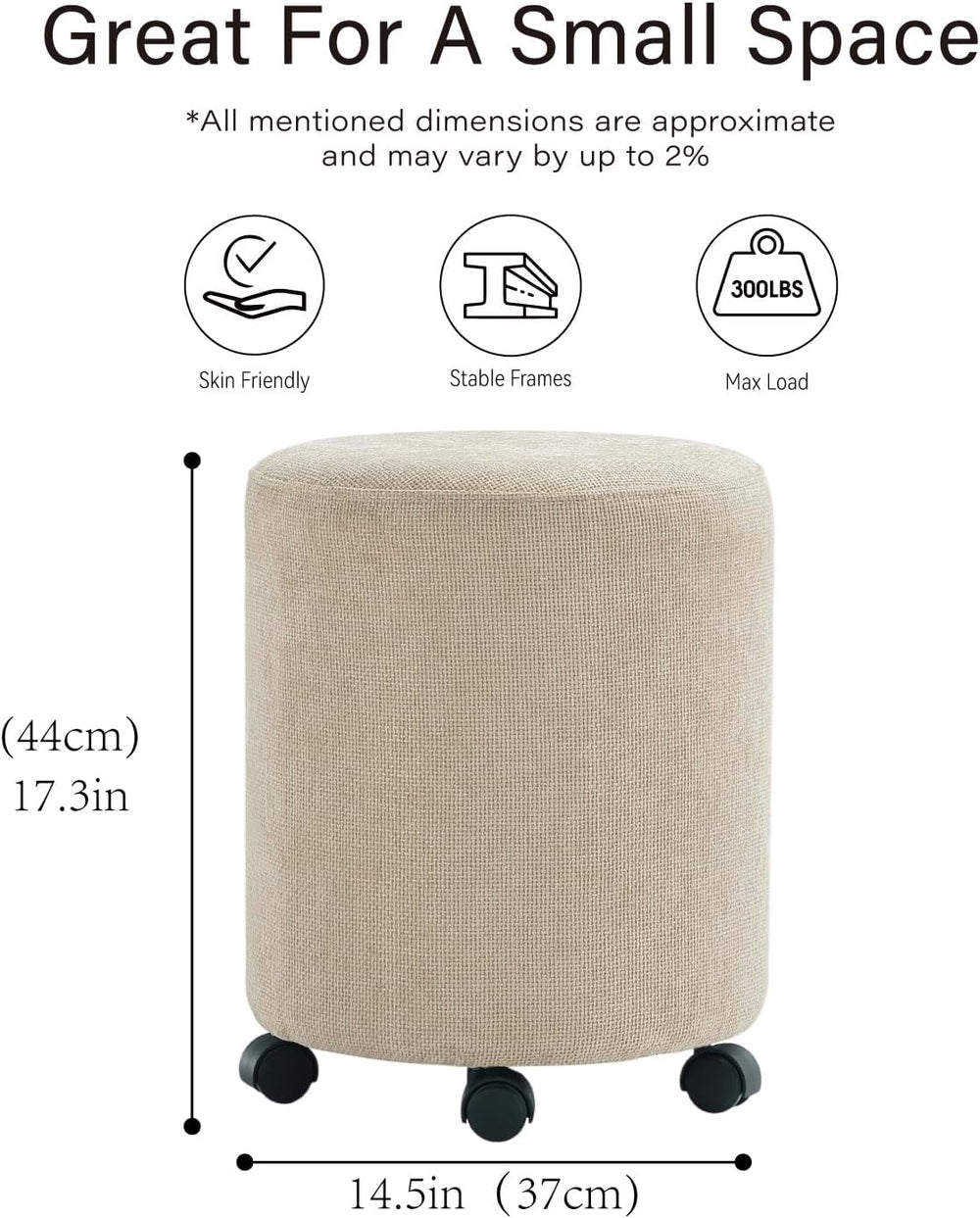 Get Set Style Ottoman with Wheels, Rolling Vanity Stool for Makeup, Upholster...
